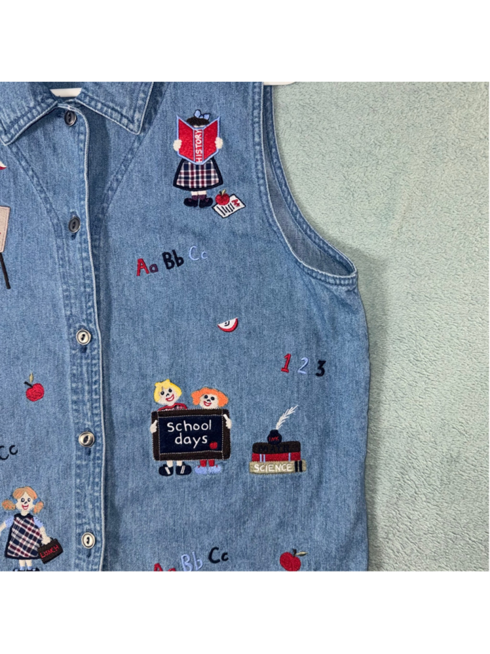 Vintage Christopher & Banks Denim School-Themed Embroidered Vest Sz L Blue Y2K - Picture 5 of 10